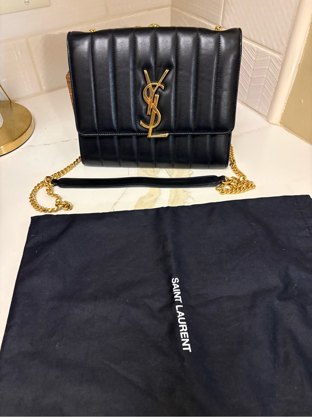 Authentic Saint Laurent Vicky Medium Shoulder Bag Black Lambskin Gold Hardware